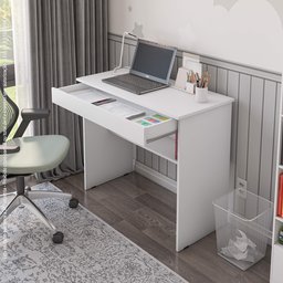 Escrivaninha para Quarto Pequena com Prateleira e Gaveta Vitoria - Branco - 3