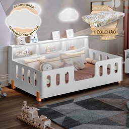 Cama Infantil Montessoriana com Colchão Juvenil Led e Nicho Nina Branca + Luminária Led - 1