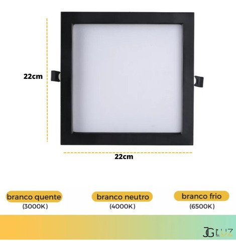 Painel Plafon Embutir Quadrado Led 18w Bivolt Bco / Pto Opus - Preto - Bco Quente 3000k - 4