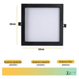 Painel Plafon Embutir Quadrado Led 18w Bivolt Bco / Pto Opus - Preto - Bco Quente 3000k - 4