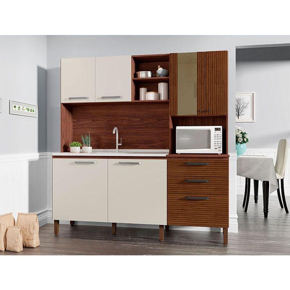 Kit Cozinha Ambiente Mega Nogueira Off White Ripado - Kits Paraná Kit Cozinha Ambiente Mega Nogueira Off White Ripado - Kits Paraná