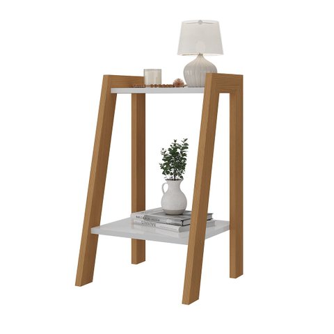 Mesa de Cabeceira Cama Isabella para Quarto 1 Tampo Amplo e 1 Nicho Pés Madeira Branco / Madeira