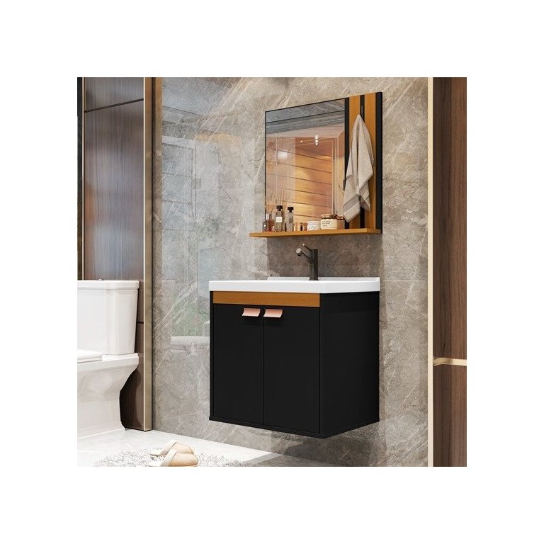 Conjunto para Banheiro Patricia Completo Cuba e Espelho Cor Preto / Nature - Comprar Móveis em Casa