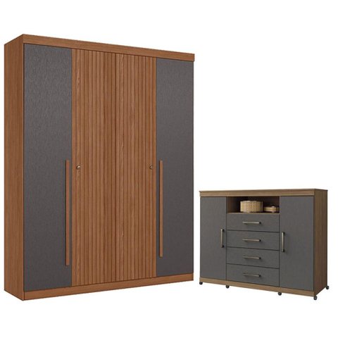 Guarda Roupa Casal Ripado 4 Portas Buriti e Cômoda Havana Master com Rodizio Jatobá Grafite Acetinad