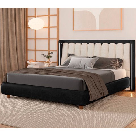 Cama Japonesa com Cabeceira em LED Seo-Yeon Casal Courino Preto / Linho Off White - Sallar Home