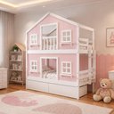 Ver imagem 4 de Beliche Solteiro Casinha Dos Sonhos com Gavetas Madeira Maciça Rosa Branco Housin