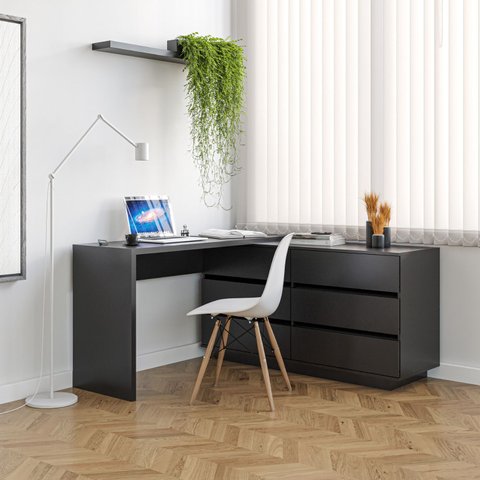 Escrivaninha em L ou Reta Oring 6 Gavetas 230cm CabeCasa MadeiraOriginals Preto