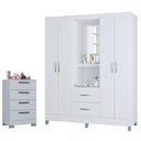 Ver imagem 1 de Cômoda 867 4 Gavetas com Guarda Roupa Solteiro Córdoba 4 Portas Branco Brilho - Poquema