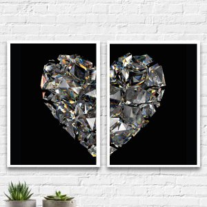 Kit 2 Quadros Coração De Diamantes 45x34cm:Madeira branca