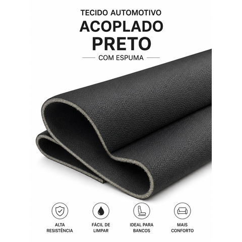 Tecido Automotivo Acoplado Preto com Espuma para Bancos e Revestimentos