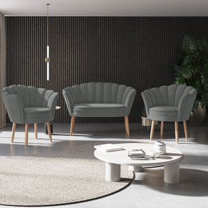 Kit 02 Poltronas Decorativas e Namoradeira Sofá Pétala Luxo Veludo Cinza Pés Palito - Visan Estofado