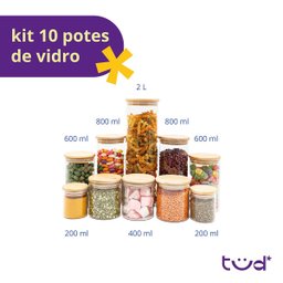 Kit de 10 Potes de Vidro com Tampa de Bambu Hermético Redondo Mantimento - Tud - 4
