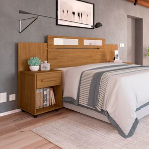 Cabeceira de Solteiro Casal Extensível Jade 2 Mesas de Cabeceira - Amêndoa