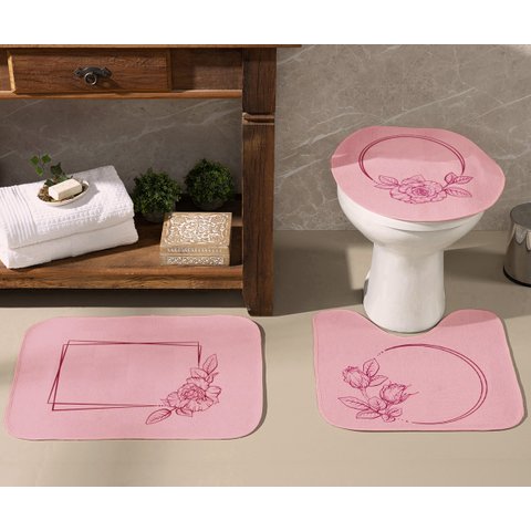 Jogo De Banheiro Rosa Flor Pink 03 Peças - Antiderrapante