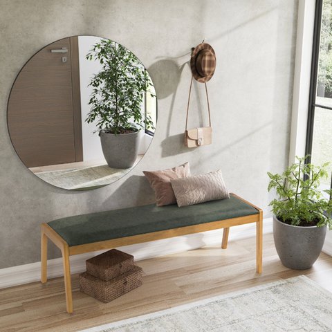 Banco Estofado 142cm x 51cm x 47cm Verde/Verniz Mel/Tecido