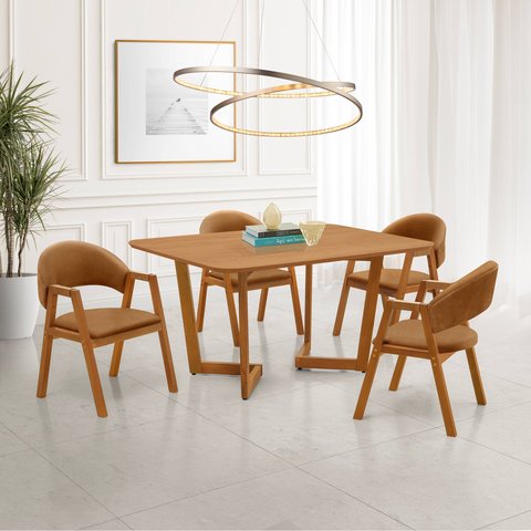 Conjunto Mesa de Jantar 1,60m Amadeirada com 4 Cadeiras em Corino Caramelo e Base de Madeira – Linha
