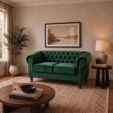 Namoradeira Chesterfield Duque 2 Lugares em Veludo Verde Escuro