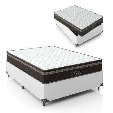 Cama Box Casal + Colchão Paris Molas Ensacadas Pocket - 61x138x188cm - E-shop Casa - Couro