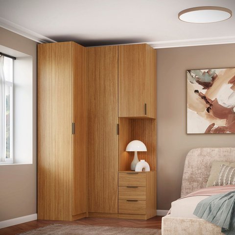 Guarda Roupa de Canto 2 Portas com Mesa de Cabeceira Altezza Clean:freijó