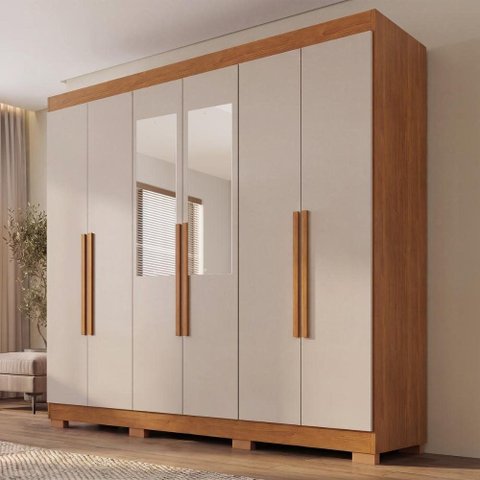 Guarda-Roupa Casal com Espelhos 6 Portas e 2 Gavetas 177cm Multimóveis Cinamomo/Off White
