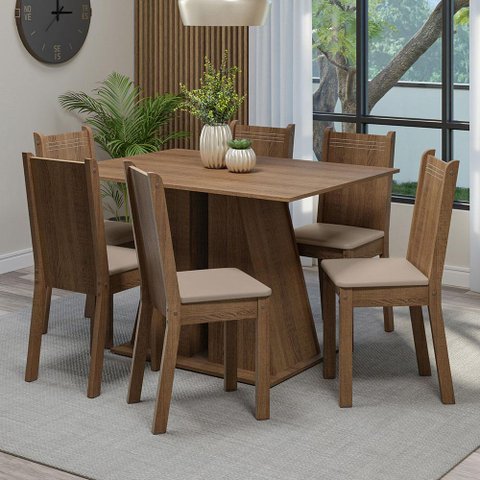 Conjunto Sala de Jantar Mesa Tampo de Madeira 6 Cadeiras Rustic/bege Sharon Madesa
