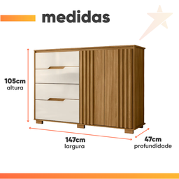 Cômoda Texas 147cm 4 Gavetas 2 Portas Freijó Off White Moval - 3