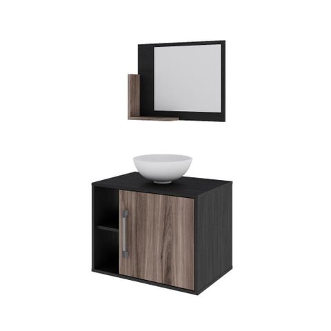 Conjunto Balcão C-cuba R30 e Espelheira Soft 600 Preto Ônix C-carvalho Dark Preto Ônix C-nogal