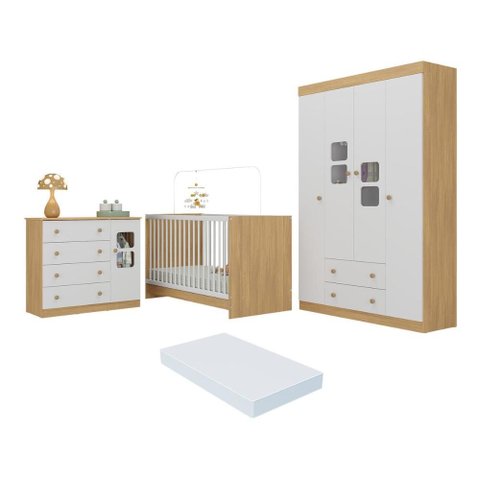 Quarto de Bebê Completo com Berço 3 em 1 com Colchão Incluso Brisa Multimóveis Mp4533 Madeirado/