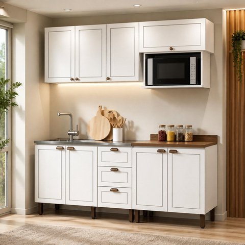 Cozinha Completa Modulada 5 Peças Frente em MDF Modelo Americano Frisado Branca