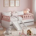 Ver imagem 1 de Bicama Solteiro Mdf Rosa com Escada/escorregador 03 Grades e Cabeceira Anatômica Mobilistore