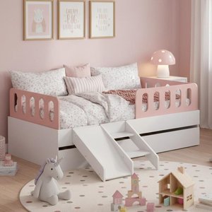 Bicama Solteiro Mdf Rosa com Escada/escorregador 03 Grades e Cabeceira Anatômica Mobilistore