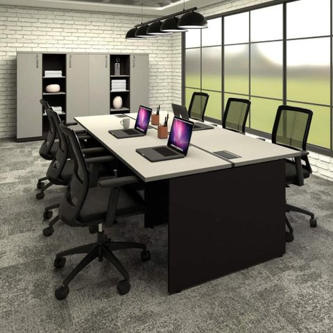 Plataforma de Trabalho 6 Lugares 360cm X 120cm Pé Painel F5 Cor:cinza Sagrado com Preto