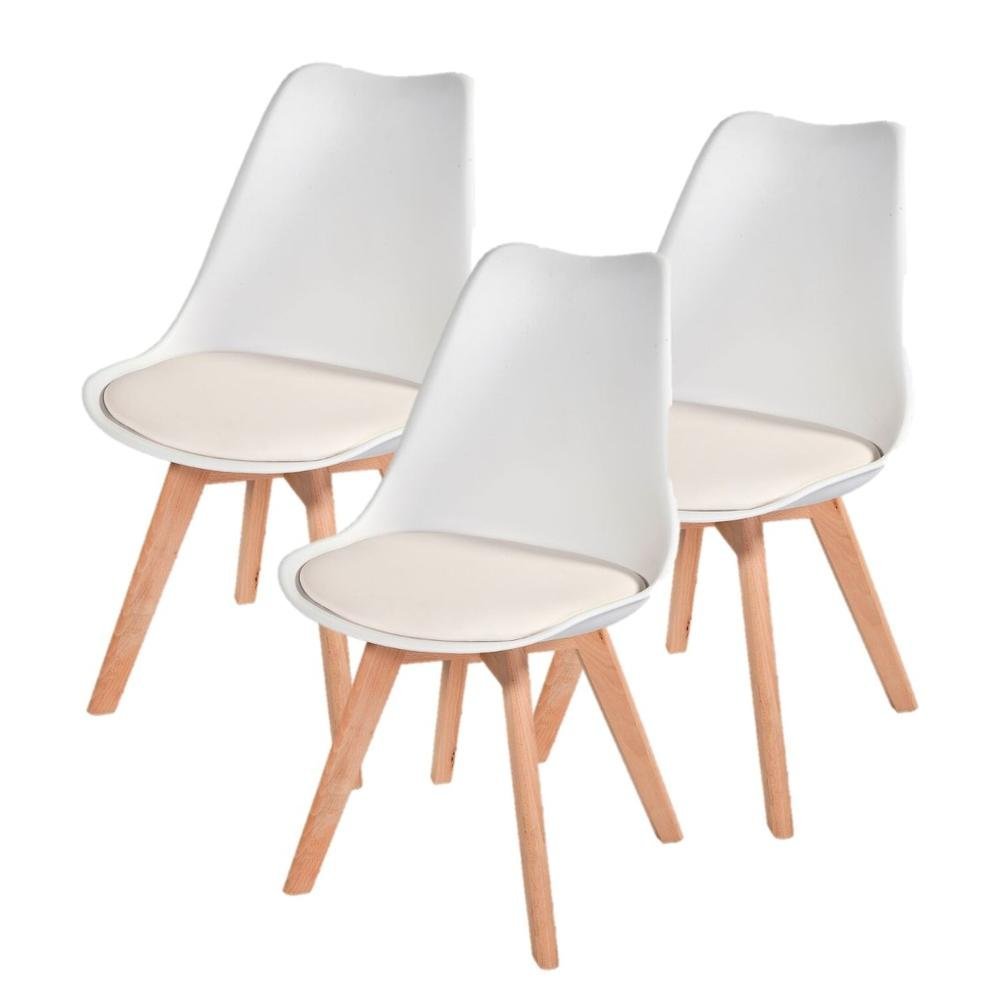 Kit C| 3 Cadeira Leda Branca - Charles Eames Wood com Almofada