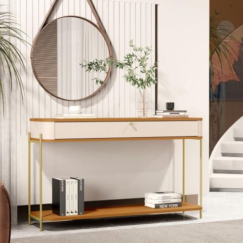 Aparador Riviera 1 Gaveta MDF 123cm Off White Nature Dourado Bechara Móveis