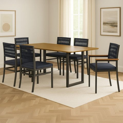 Conjunto Sala de Jantar Mesa 6 Cadeiras Tampo de MDF Barcelona Itália Azul