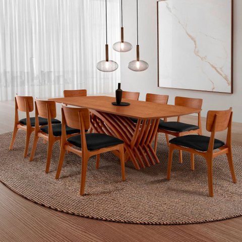 Conjunto Sala de Jantar Mesa Venus Tampo 220cm Laminado Barril e 8 Cadeiras Viena Gold
