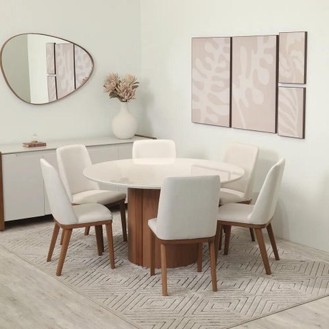 Conjunto de Jantar Mesa Redonda com Vidro 6 Cadeiras Kalina - Canella C/ Off White