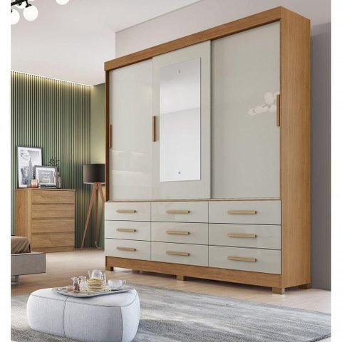Guarda Roupa Solteiro Buriti 3 Portas de Correr 9 Gavetas MDP com Espelho Cumaru-Fendi