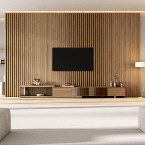 Rack com Painel Ripado Extensível para TV até 86 Polegadas 400cmx250cm Aruá CabeCasa MadeiraOriginals Marrom Jatobá