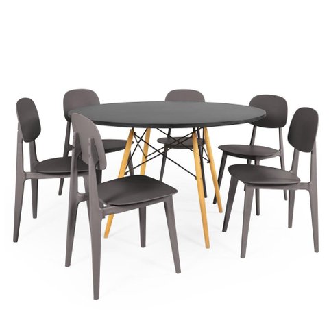 Conjunto Mesa de Jantar Redonda Eiffel Preta 120cm com 6 Cadeiras Itália - Cinza