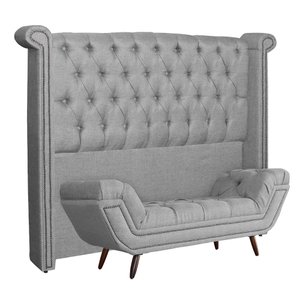 Conjunto Cabeceira e Calçadeira Sienna Linho Cores - DS Estofados - Queen - Cinza