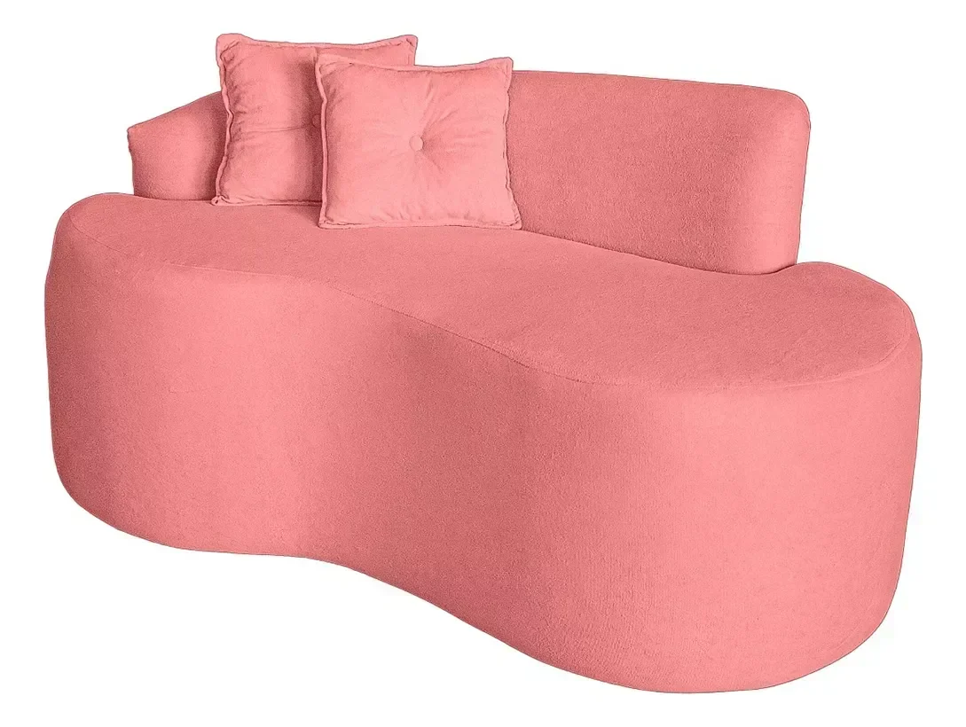 Sofá Feijão Curvo Pequeno 2 Lugares Moderno Forma Orgânica Bouclé Rosa - 2