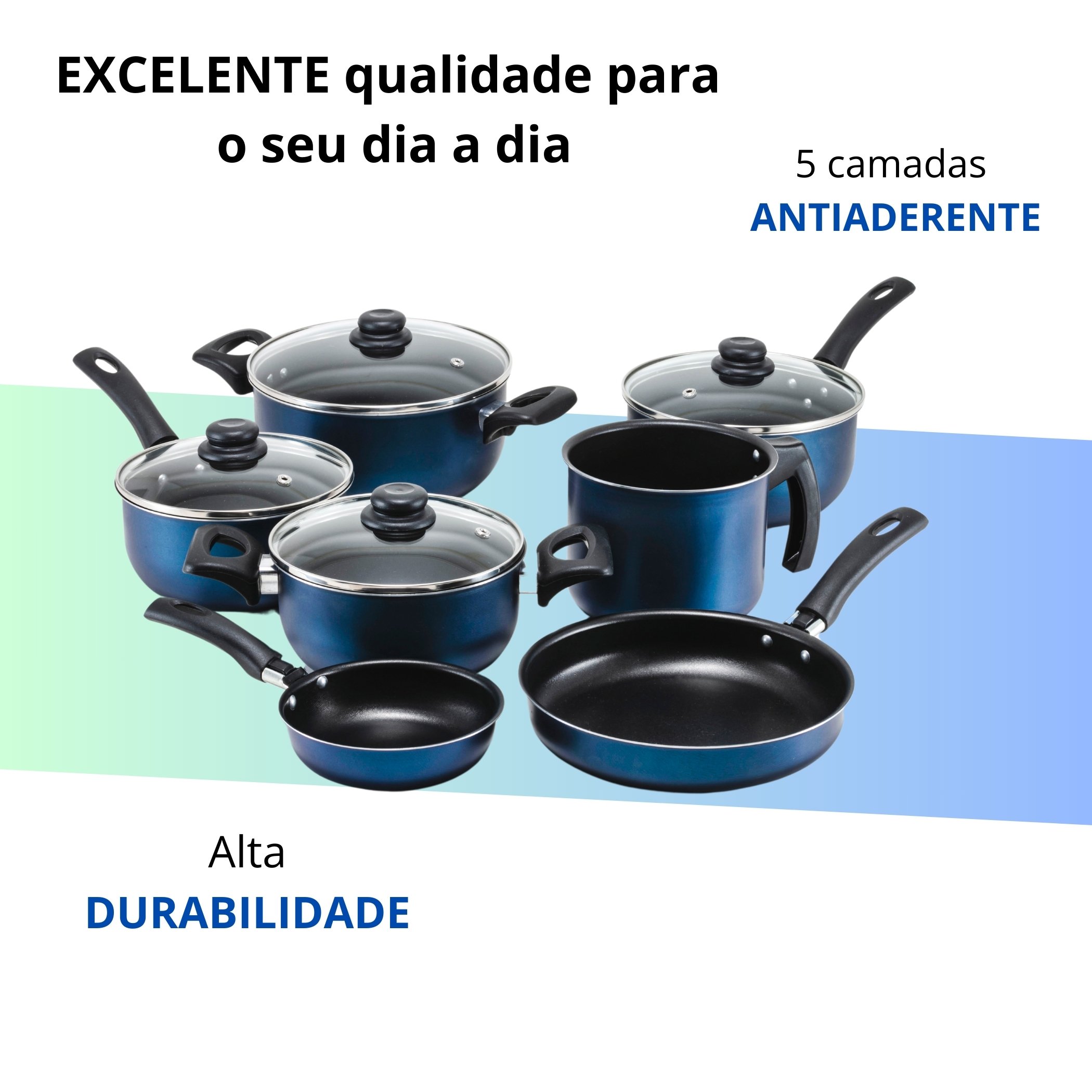 Conjunto Panelas 7 Pecas Teflon Antiaderente Cor Azul Tampa de Vidro - 2