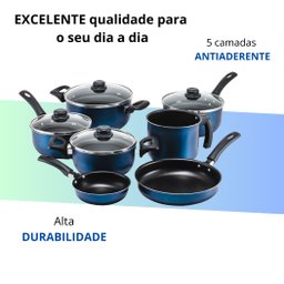 Conjunto Panelas 7 Pecas Teflon Antiaderente Cor Azul Tampa de Vidro - 2