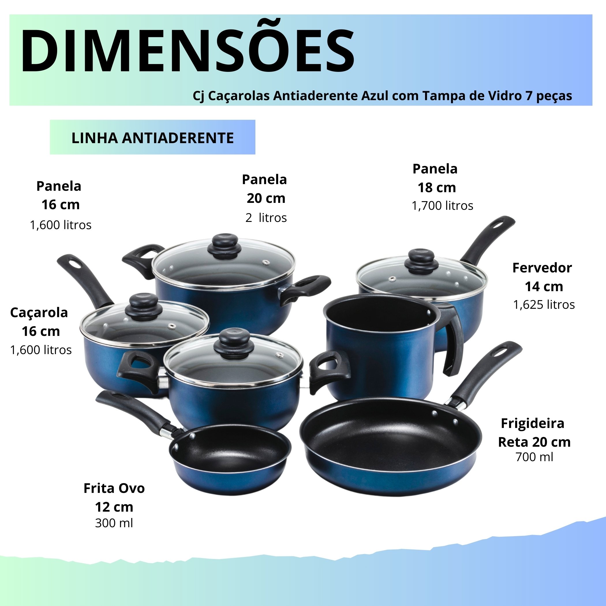 Conjunto Panelas 7 Pecas Teflon Antiaderente Cor Azul Tampa de Vidro - 6