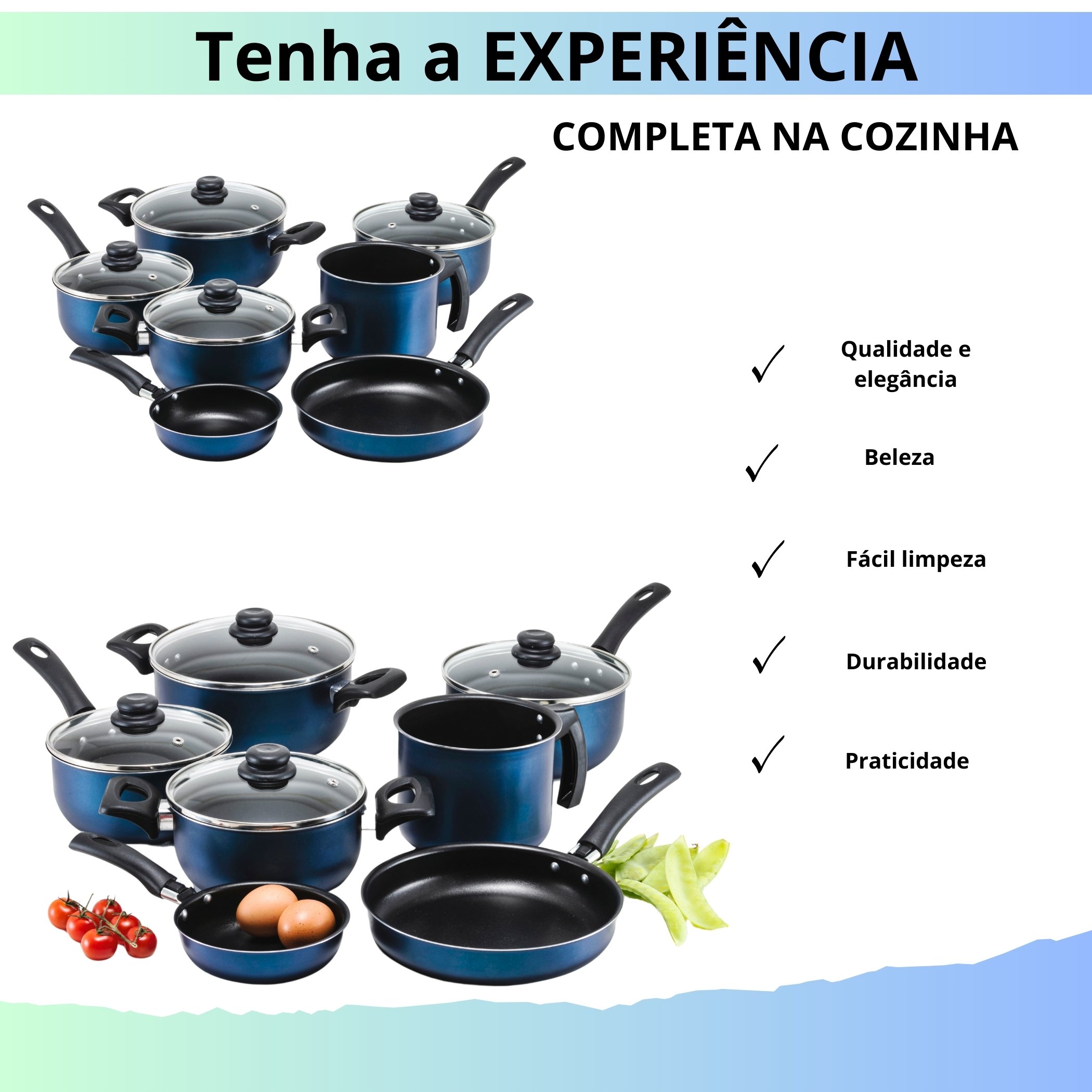 Conjunto Panelas 7 Pecas Teflon Antiaderente Cor Azul Tampa de Vidro - 7