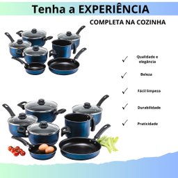 Conjunto Panelas 7 Pecas Teflon Antiaderente Cor Azul Tampa de Vidro - 7