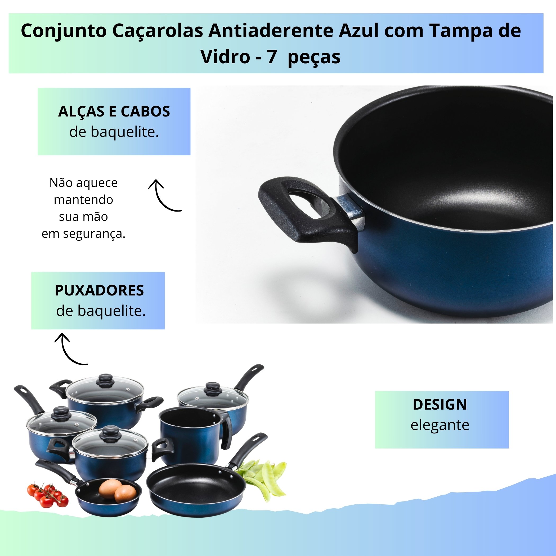 Conjunto Panelas 7 Pecas Teflon Antiaderente Cor Azul Tampa de Vidro - 3