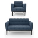 Ver imagem 2 de Conjunto Poltrona e Namoradeira Decorativa Karen Pés Fixo em Madeira Preto Suede Azul Marinho G19 -