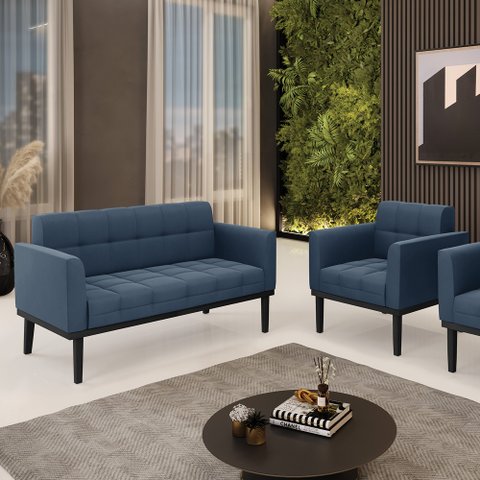 Conjunto Poltrona e Namoradeira Decorativa Karen Pés Fixo em Madeira Preto Suede Azul Marinho G19 - 
